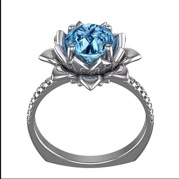 New 925 Silver Lotus Flower Sapphire Ring - Picture 3 of 6